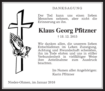 Traueranzeige von Klaus Georg Pfitzner von Alsfelder Allgemeine