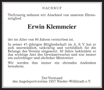 Traueranzeige von Erwin Klemmeier von Wetterauer Zeitung, Wetterauer Zeitung