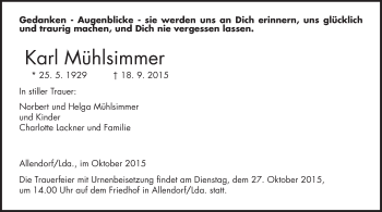 Traueranzeige von Karl Mühlsimmer von Allendorfer Mitteilungen