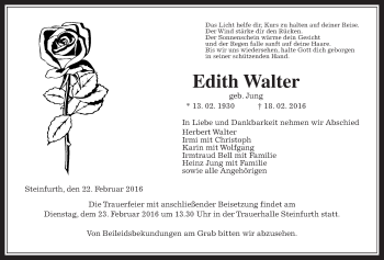 Traueranzeige von Edith Walter von Wetterauer Zeitung, Wetterauer Zeitung