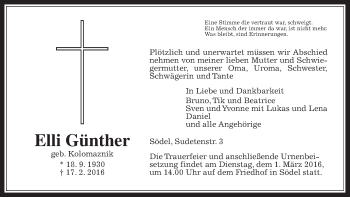 Traueranzeige von Elli Günther von Wetterauer Zeitung, Wetterauer Zeitung