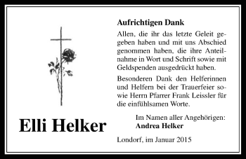 Traueranzeige von Elli Helker von Rabenauer Zeitung