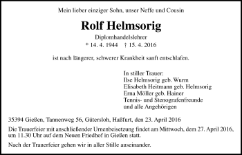 Traueranzeige von Rolf Helmsorig von Gießener Allgemeine, Alsfelder Allgemeine