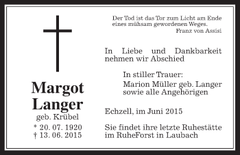 Traueranzeige von Margot Langer von Wetterauer Zeitung, Wetterauer Zeitung