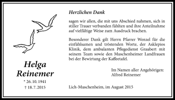 Traueranzeige von Helga Reinemer von Licher Wochenblatt, Licher Wochenblatt, Licher Wochenblatt