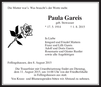 Traueranzeige von Paula Gareis von Gießener Allgemeine, Alsfelder Allgemeine
