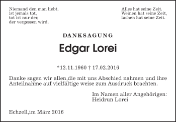 Traueranzeige von Edgar Lorei von Gießener Allgemeine, Alsfelder Allgemeine, Wetterauer Zeitung, Wetterauer Zeitung