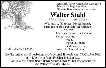 Traueranzeige von Walter Stuhl von Gießener Allgemeine, Alsfelder Allgemeine