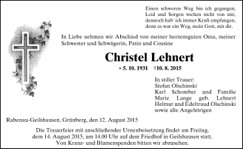 Traueranzeige von Christel Lehnert von Gießener Allgemeine, Alsfelder Allgemeine