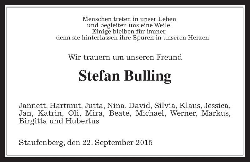  Traueranzeige für Stefan Bulling vom 22.09.2015 aus Gießener Allgemeine, Alsfelder Allgemeine