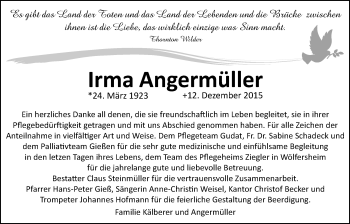 Traueranzeige von Irma Angermüller von Licher Wochenblatt, Licher Wochenblatt, Licher Wochenblatt