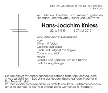 Traueranzeige von Hans-Joachim Kniess von Wetterauer Zeitung, Wetterauer Zeitung