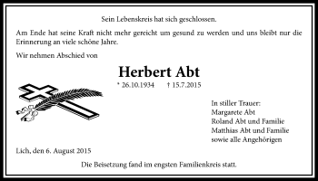 Traueranzeige von Herbert Abt von Licher Wochenblatt, Licher Wochenblatt, Licher Wochenblatt