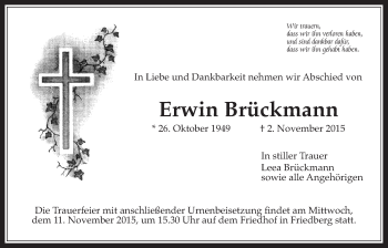 Traueranzeige von Erwin Brückmann von Wetterauer Zeitung, Wetterauer Zeitung