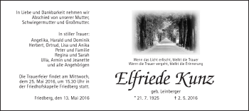 Traueranzeige von Elfriede Kunz von Wetterauer Zeitung, Wetterauer Zeitung