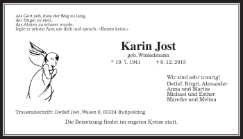 Traueranzeige von Karin Jost von Wetterauer Zeitung, Wetterauer Zeitung