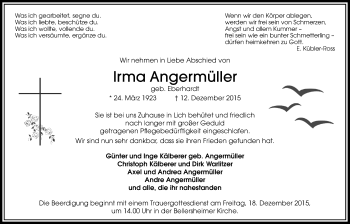 Traueranzeige von Irma Angermüller von Licher Wochenblatt, Licher Wochenblatt, Licher Wochenblatt