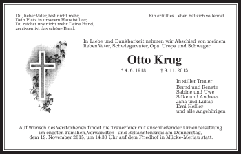 Traueranzeige von Otto Krug von Gießener Allgemeine, Alsfelder Allgemeine