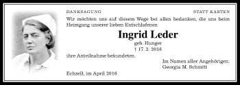 Traueranzeige von Ingrid Leder von Wetterauer Zeitung, Wetterauer Zeitung