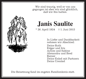 Traueranzeige von Janis Saulite von Wetterauer Zeitung, Wetterauer Zeitung
