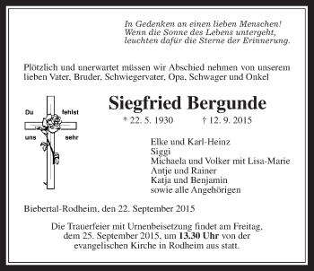 Traueranzeige von Siegfried Bergunde von Gießener Allgemeine, Alsfelder Allgemeine