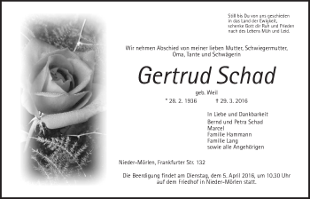 Traueranzeige von Getrud Schad von Wetterauer Zeitung, Wetterauer Zeitung