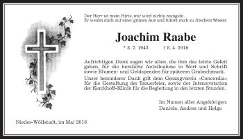 Traueranzeige von Joachim Raabe von Wetterauer Zeitung, Wetterauer Zeitung