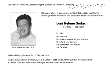 Traueranzeige von Loni Helene Gerlach von Gießener Allgemeine, Alsfelder Allgemeine