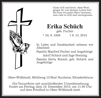 Traueranzeige von Erika Schüch von Wetterauer Zeitung, Wetterauer Zeitung