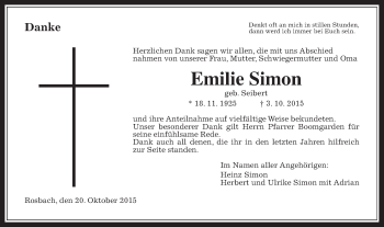 Traueranzeige von Emilie Simon von Wetterauer Zeitung, Wetterauer Zeitung