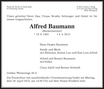 Traueranzeige von Alfred Baumann von Gießener Allgemeine, Alsfelder Allgemeine