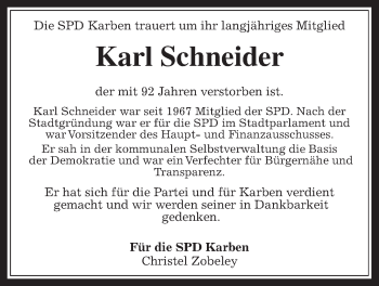 Traueranzeige von Karl Schneider von Wetterauer Zeitung