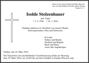 Traueranzeige von Isolde Stolzenhauer von Gießener Allgemeine, Alsfelder Allgemeine