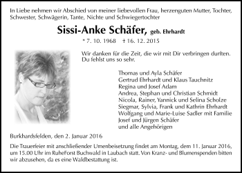 Traueranzeige von Sissi-Anke Schäfer von Licher Wochenblatt, Licher Wochenblatt, Licher Wochenblatt