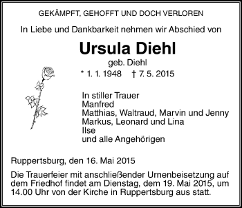 Traueranzeige von Ursula Diehl von Gießener Allgemeine, Alsfelder Allgemeine