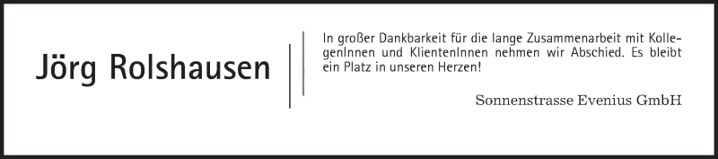  Traueranzeige für Jörg Rolshausen vom 09.05.2015 aus Gießener Allgemeine, Alsfelder Allgemeine, Wetterauer Zeitung, Wetterauer Zeitung