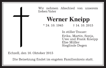 Traueranzeige von Werner Kneipp von Wetterauer Zeitung, Wetterauer Zeitung