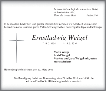Traueranzeige von Ernstludwig Weigel von Gießener Allgemeine, Alsfelder Allgemeine