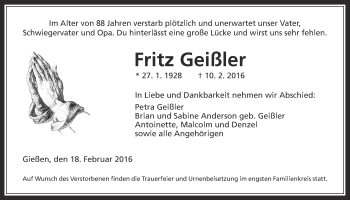 Traueranzeige von Fritz Geißler von Gießener Allgemeine, Alsfelder Allgemeine