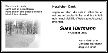 Traueranzeige von Suse Hartmann von Licher Wochenblatt, Licher Wochenblatt, Licher Wochenblatt