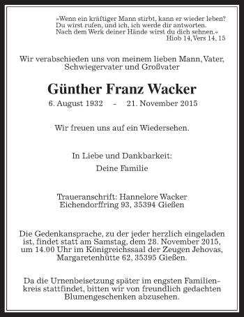Traueranzeige von Günther Franz Wacker von Gießener Allgemeine, Alsfelder Allgemeine