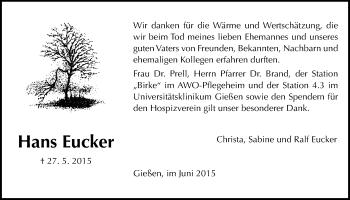 Traueranzeige von Hans Eucker von Gießener Allgemeine, Alsfelder Allgemeine