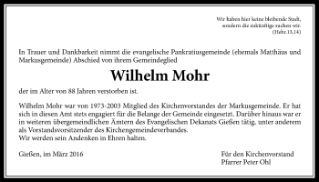 Traueranzeige von Wilhelm Mohr von Gießener Allgemeine, Alsfelder Allgemeine