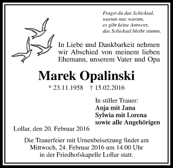 Traueranzeige von Marek Opalinski von Gießener Allgemeine, Alsfelder Allgemeine