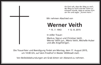 Traueranzeige von Werner Veith von Wetterauer Zeitung, Wetterauer Zeitung
