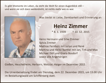 Traueranzeige von Heinz Zimmer von Gießener Allgemeine, Alsfelder Allgemeine