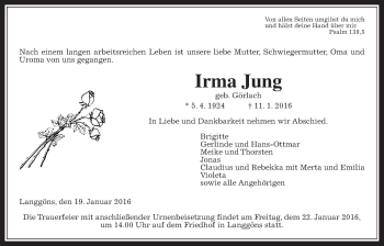 Traueranzeige von Irma Jung von Gießener Allgemeine, Alsfelder Allgemeine
