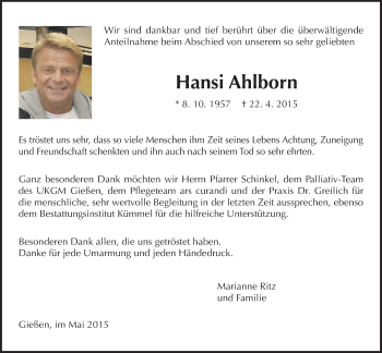 Traueranzeige von Hansi Ahlborn von Gießener Allgemeine, Alsfelder Allgemeine