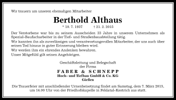 Traueranzeige von Berthold Althaus von Gießener Allgemeine, Alsfelder Allgemeine