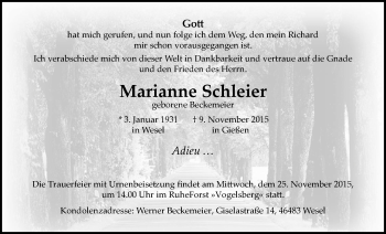 Traueranzeige von Marianne Schleier von Gießener Allgemeine, Alsfelder Allgemeine